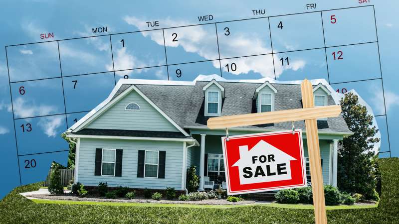 Photo Collage of a suburban house with a for sale sign and a calendar in the background