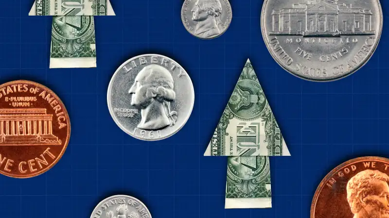 Photo collage of a quarter, a dime, a nickel and a Penny spread out between one dollar bills folded into upright arrows.