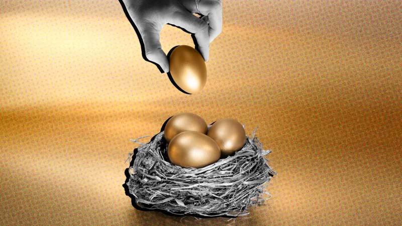 Photo collage of a hand with a golden egg placing it into a nest with other golden eggs