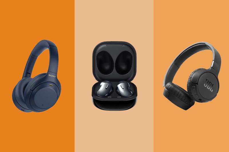 Three headphones on an orange background