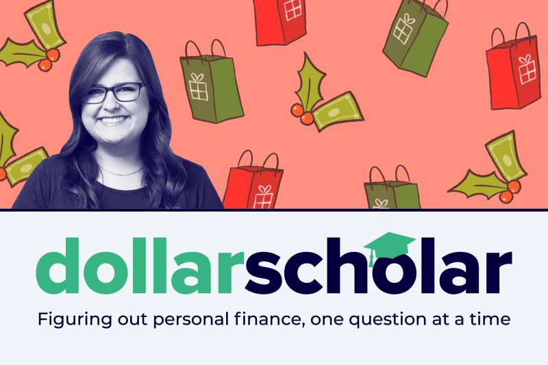 Dollar Scholar banner featuring holiday shopping motifs