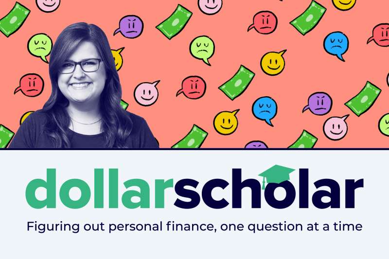 Dollar Scholar banner featuring balloons with different emotions and dollar bills