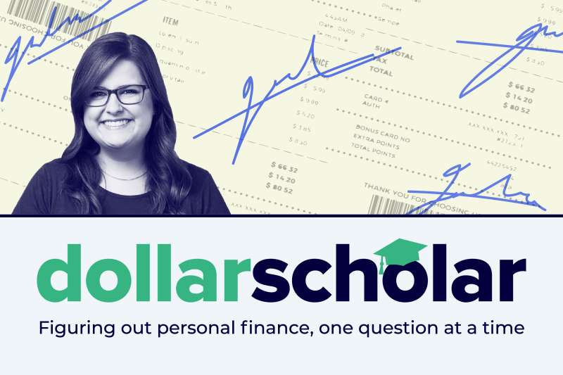 Dollar Scholar banner featuring a background of receipts all signed
