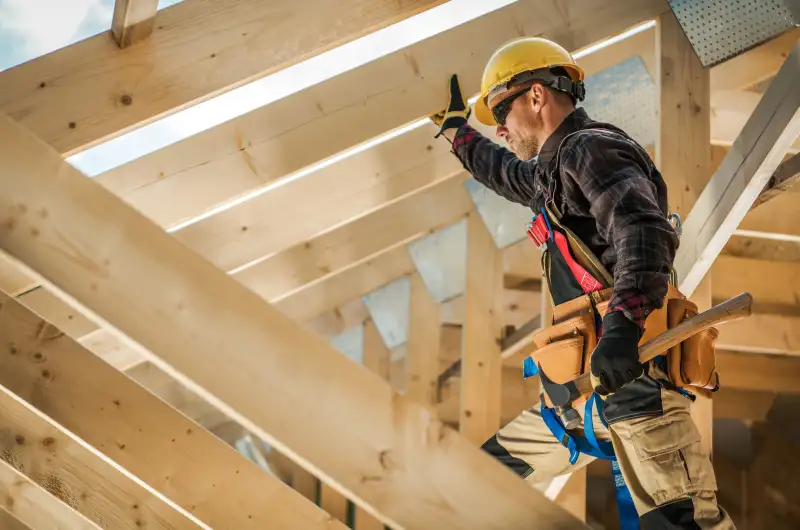 Construction worker inspecting a roof