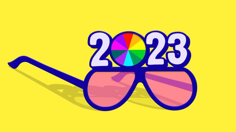Illustration of 2023 glasses where the 0 is a colorful stock portfolio pie chart