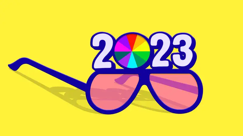 Illustration of 2023 glasses where the 0 is a colorful stock portfolio pie chart