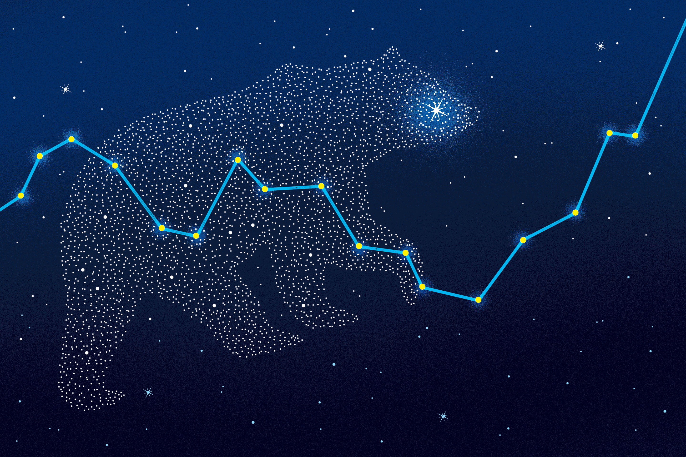 Illustration of starry sky with an image of a bear, created from small stars, and a stock market chart