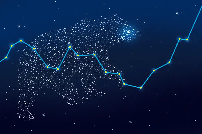 Illustration of starry sky with an image of a bear, created from small stars, and a stock market chart