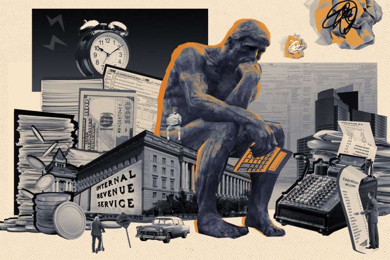 Photo Collage of The Thinker statue with a calculator sitting on top of the IRS building surrounded by tax documents