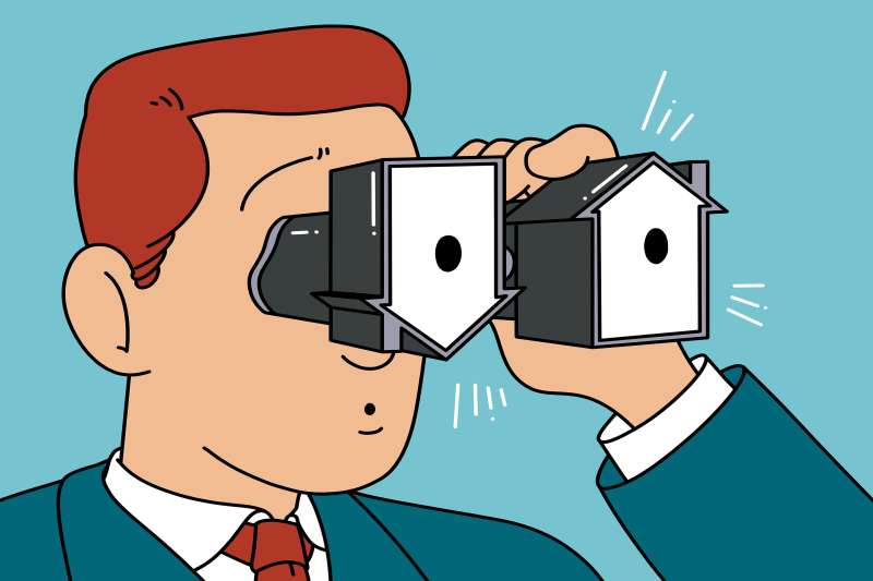 Illustration of a man looking through binoculars, where the lenses are shaped like houses and one is in ascending form and the other descending