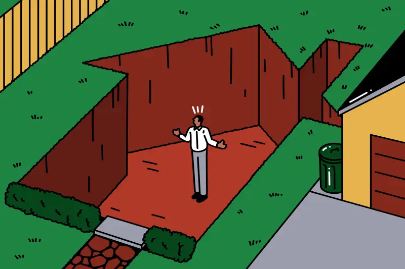 Illustration of a man standing inside a home-shaped hole in the ground