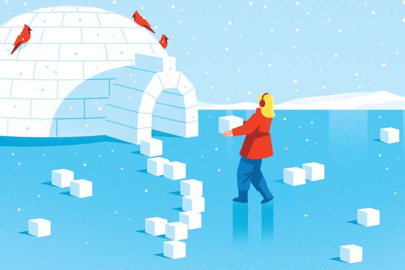 Illustration of a woman building an igloo over a frozen lake