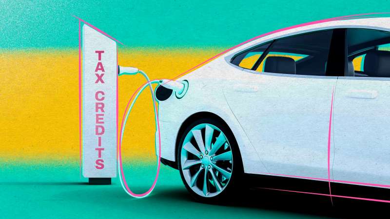 Photo illustration of an electric car being charged by tax credits