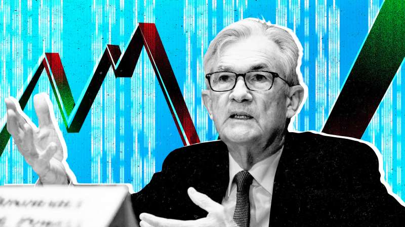 Photo illustration featuring Jerome Powell and a stock graph