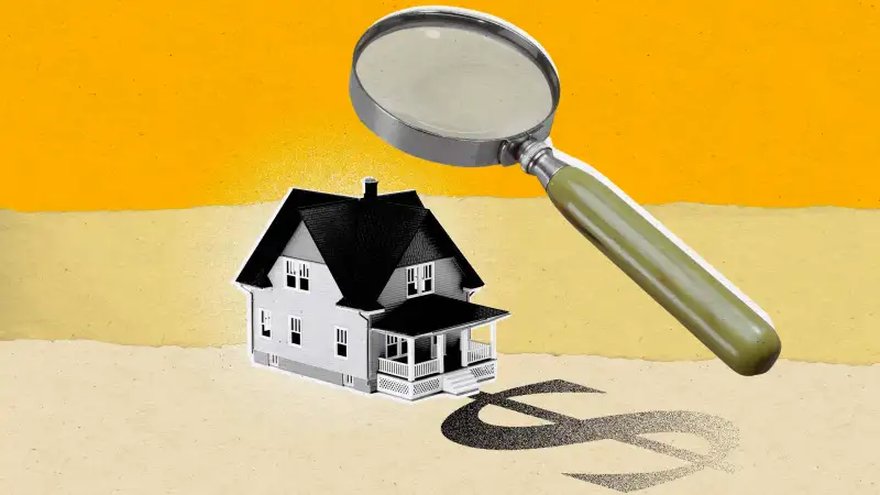 Collage Illustration of a house being looked at closely by a giant magnifying glass