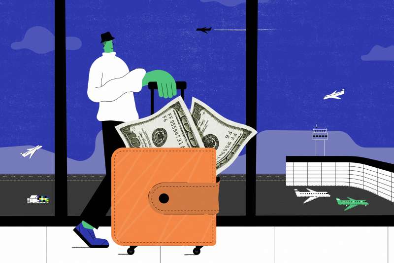 Illustration of a tourist at the airport with a giant wallet looking suitcase full of bills.