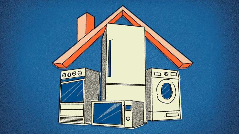Illustration of home appliances being covered by a house roof