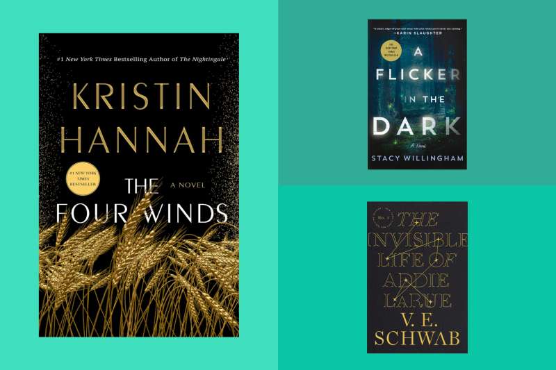 Three novels on a green background: The Four Winds, A Flicker in the Dark, and The Invisible Life of Addie LaRue