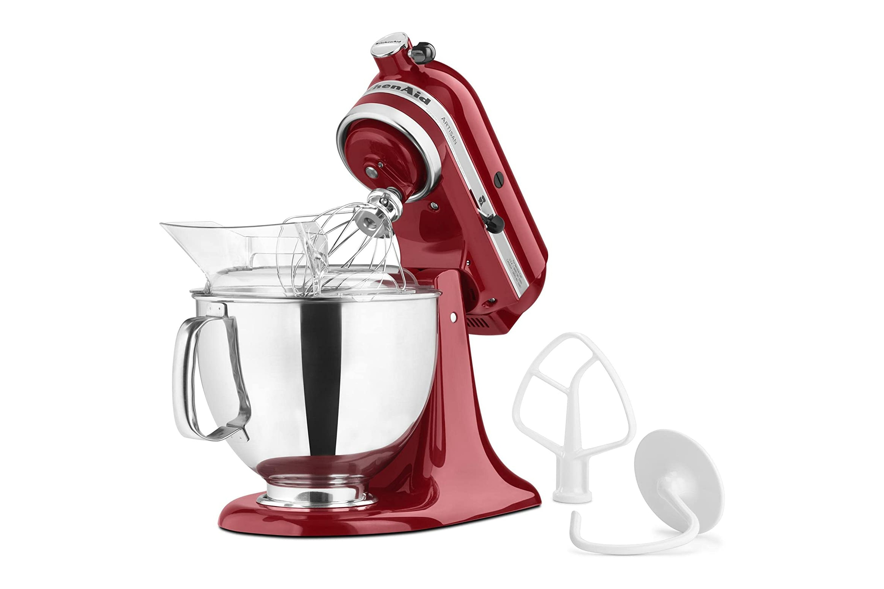 Red KitchenAid KSM150PSER Artisan Tilt-Head Stand Mixer with Splash Guard and Stainless Steel Bowl