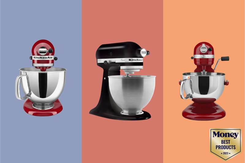 Three best kitchenaid stand mixer on a tri-colored background