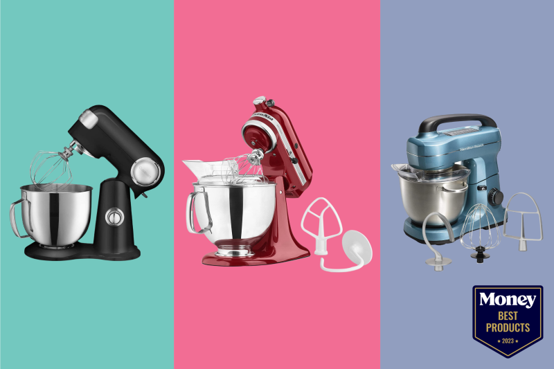 Three different stand mixers with colorful back drops