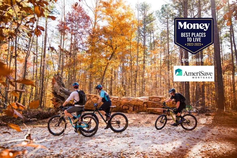 Three people mountain biking in Raleigh, North Carolina