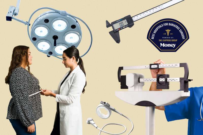 Photo Collage of a doctor measuring a patient, a doctor adjusting a medical scale, a Vernier Caliper and a gastric band