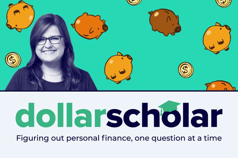 Dollar Scholar banner featuring illustrations of piggie banks floating alongside coins