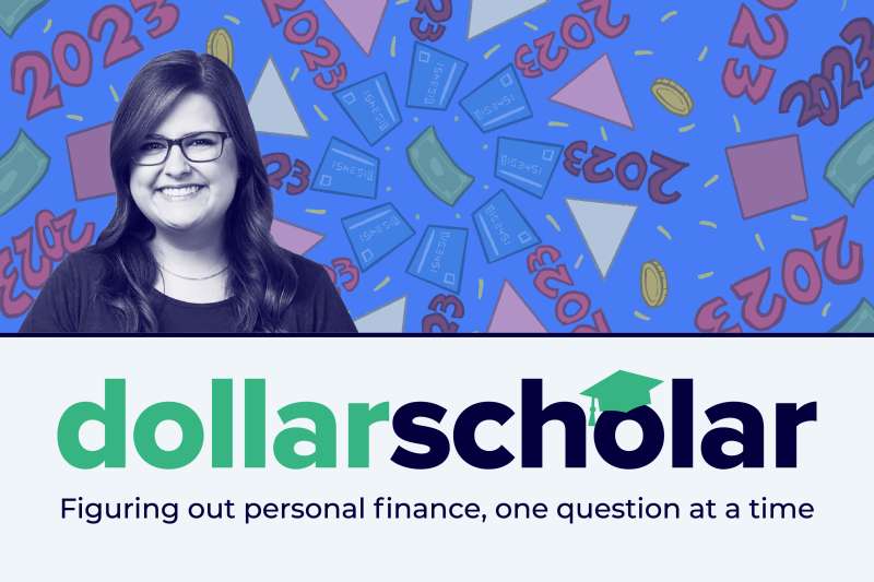 Dollar Scholar banner featuring a background of many money and financial elements in 2023