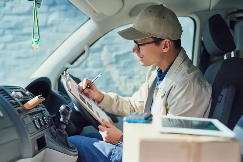 Man writing contract inside his car