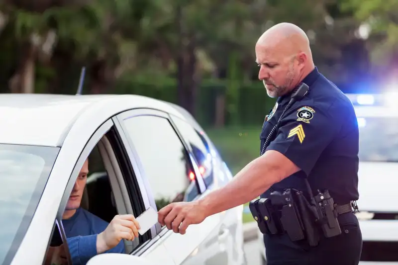 Driver pulled over by police, giving ID to officer