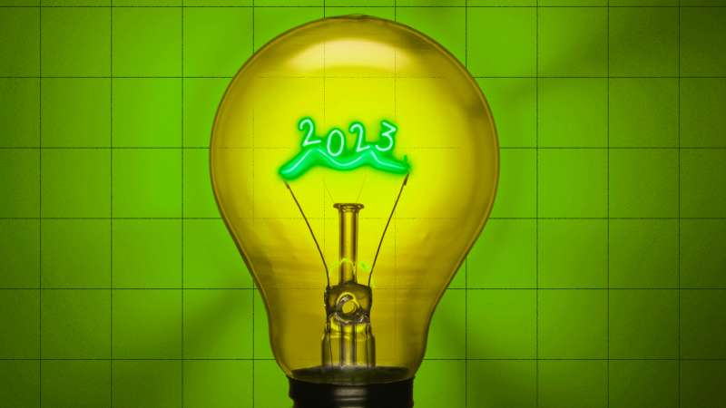 Photo-Illustration of a light bulb with the year 2023 lit from inside