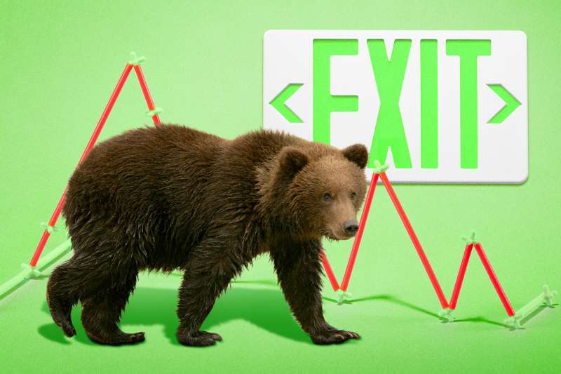 Photo Collage of a Bear walking towards an Exit Sign, with negative red stock charts in the background.