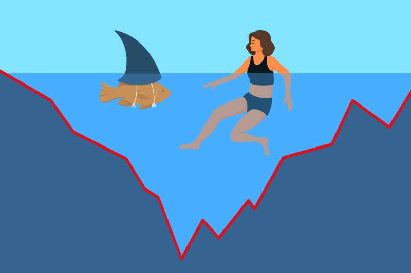 Illustration of a woman swimming in the sea with a fish wearing a fake shark fin