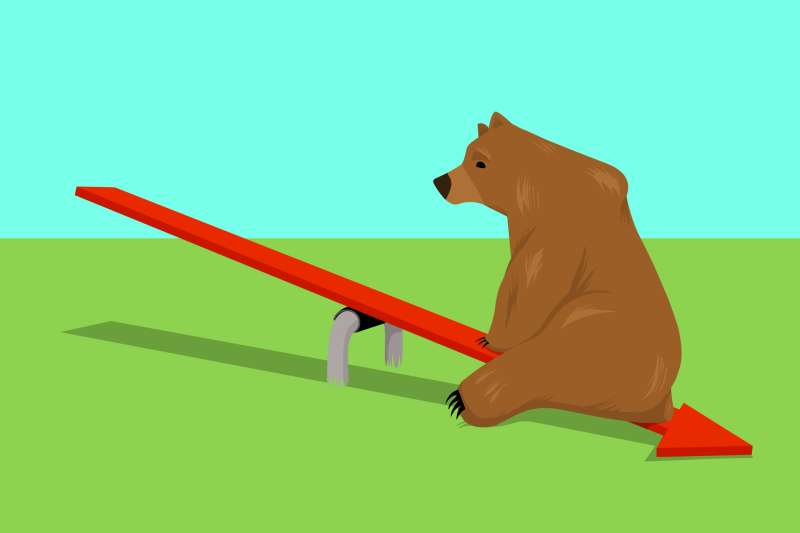Illustration of a bear seating on red downwards arrow seesaw by himself