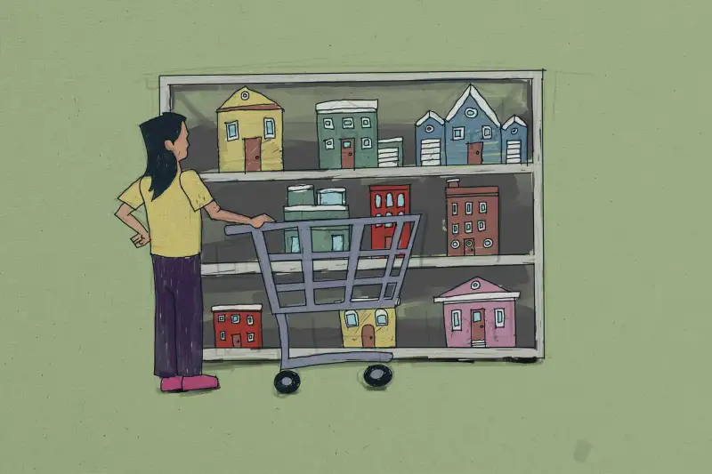 Person With An Empty Shopping Cart In Front Of A Grocery Store Display Filled With Small Houses