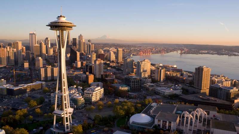 Aerial view of The Space Needle and Seattle Skyline