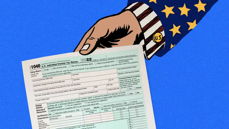 Photo Illustration of Uncle Sam's hand holding a 2022 1040 Tax form