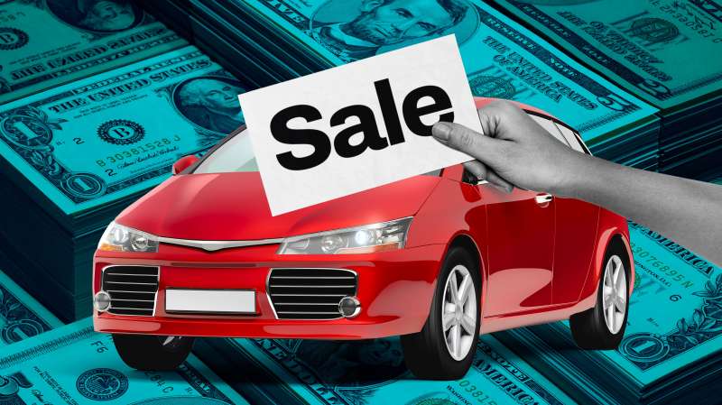 Photo Collage of a used car with a money background and a hand holding a for sale sign