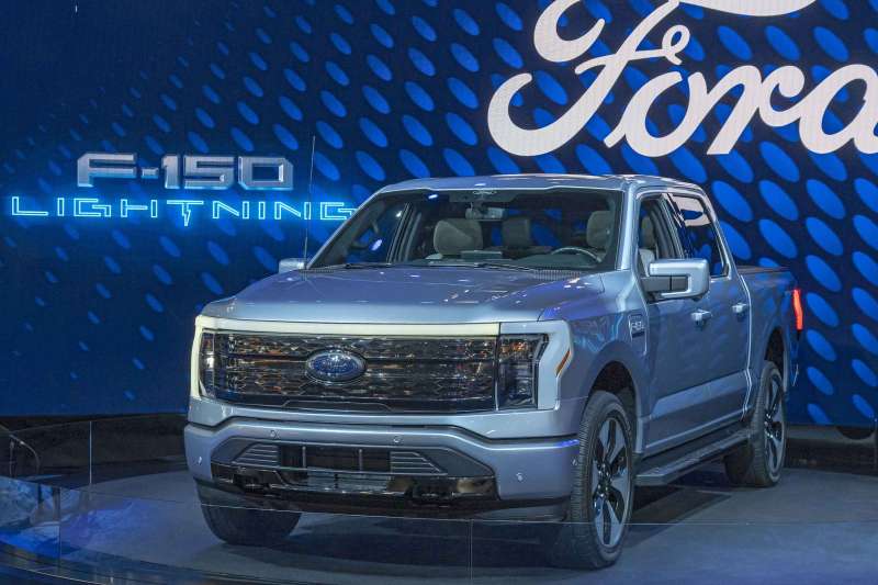 The Ford F150 Lightning on display in an auto show