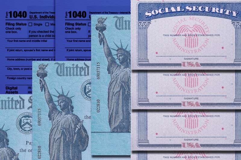 Photo Collage of multiple social security cards, stimulus checks and 1040 Tax forms stacked on top of each other