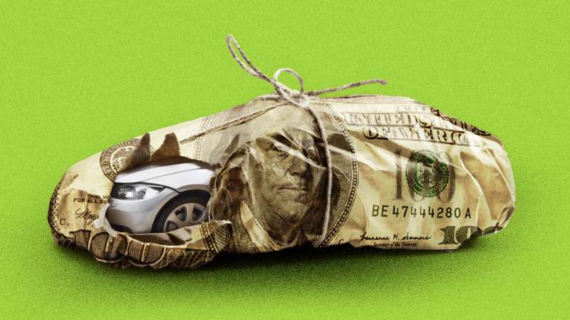Photo Collage of a car wrapped in a paper with a hundred dollar bill printed on it