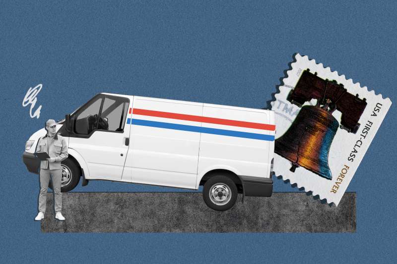 Mail truck getting tipped over by a large post stamp