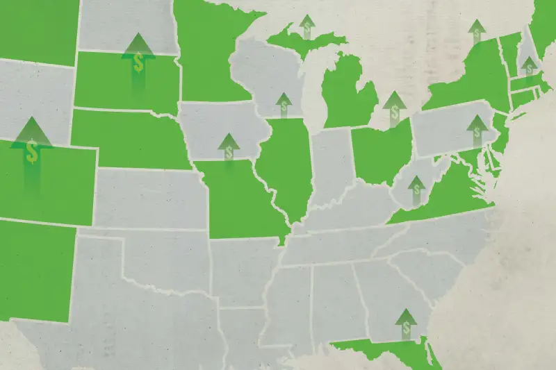 Map Of The United States With Arrows With Dollar Signs Coming Out Of Certain States