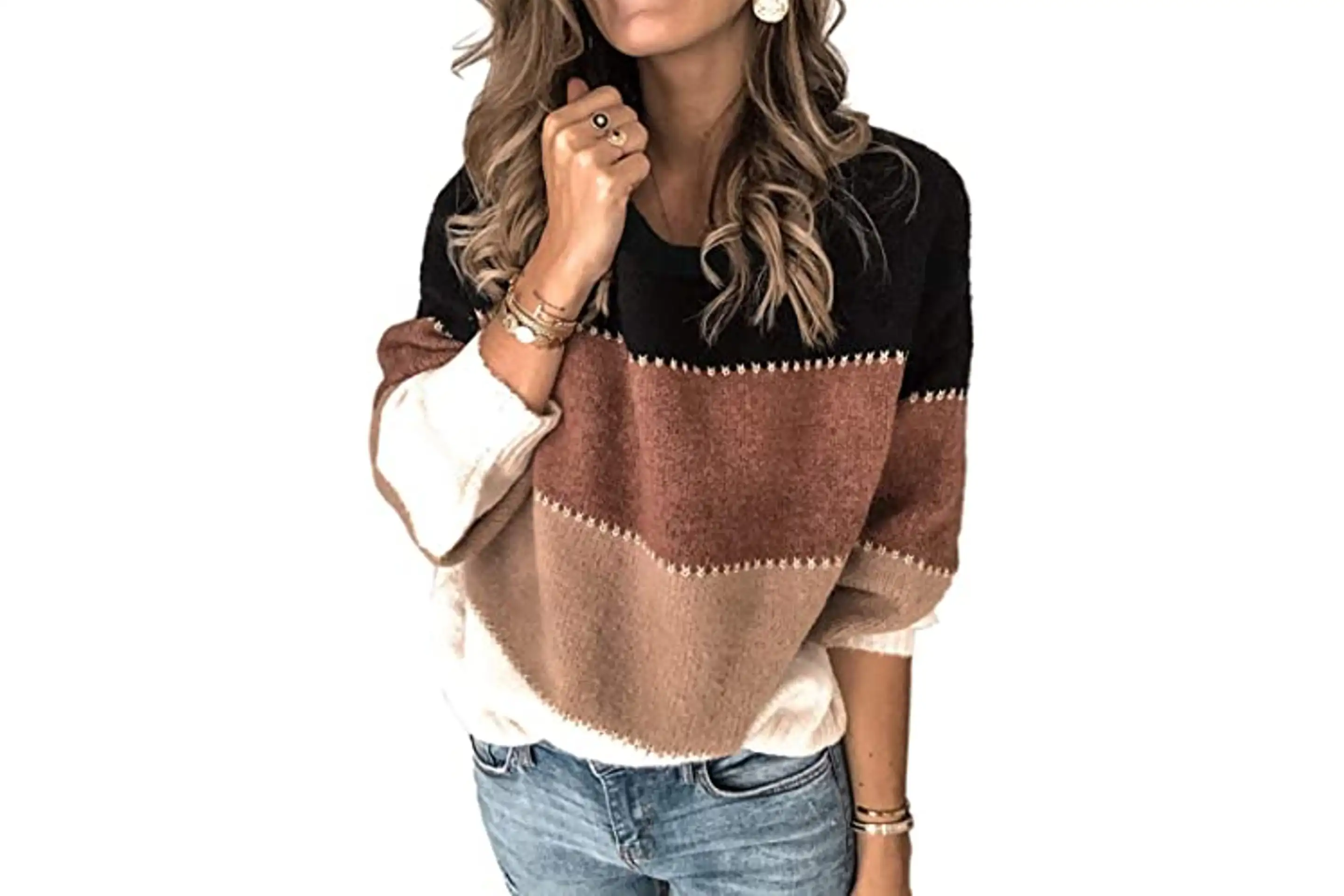 Womenâs Color Block Patchwork Crewneck Sweater