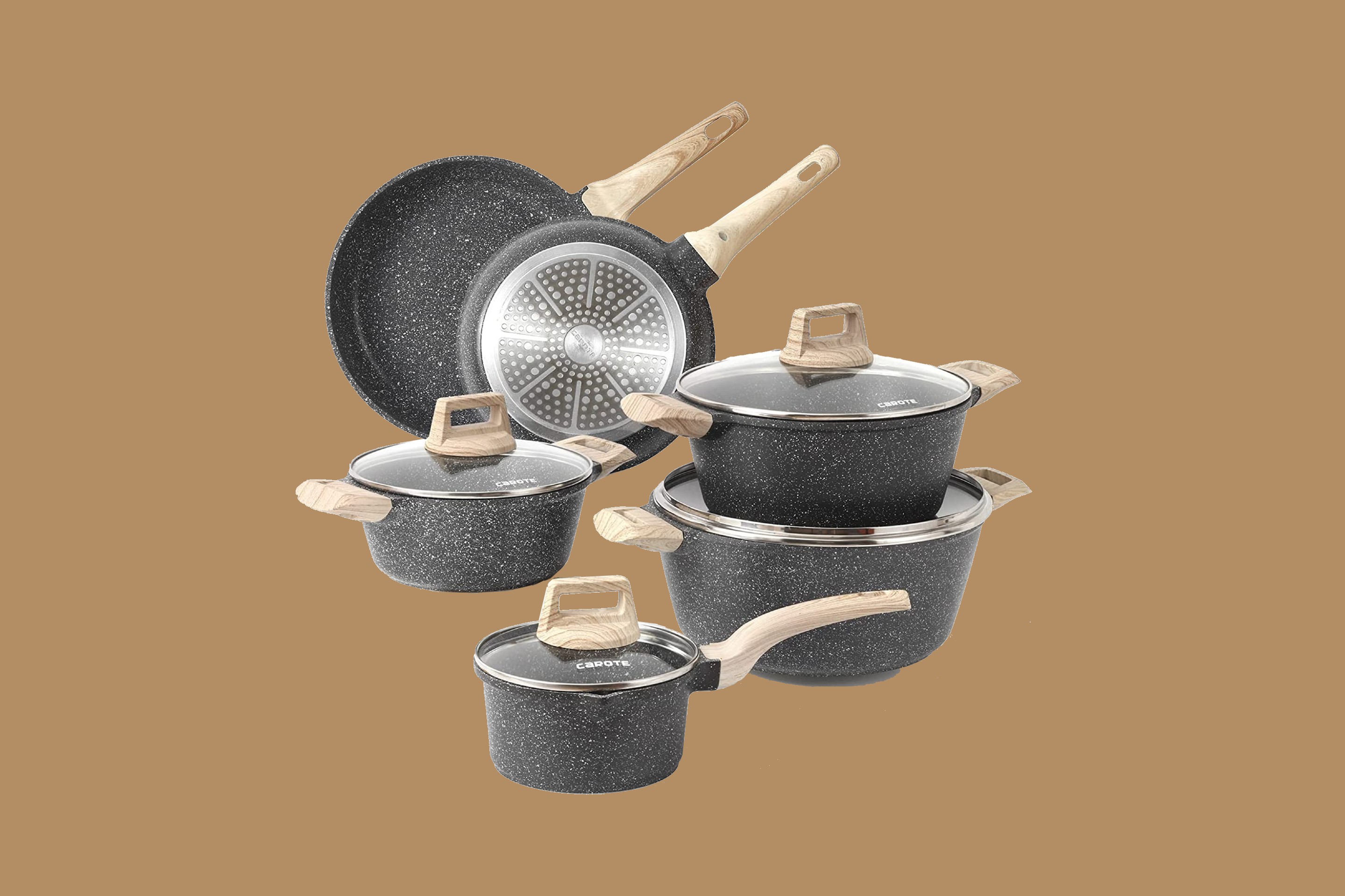Dropship Nonstick Granite Cookware Sets, 9 Pcs Brown Granite Pots
