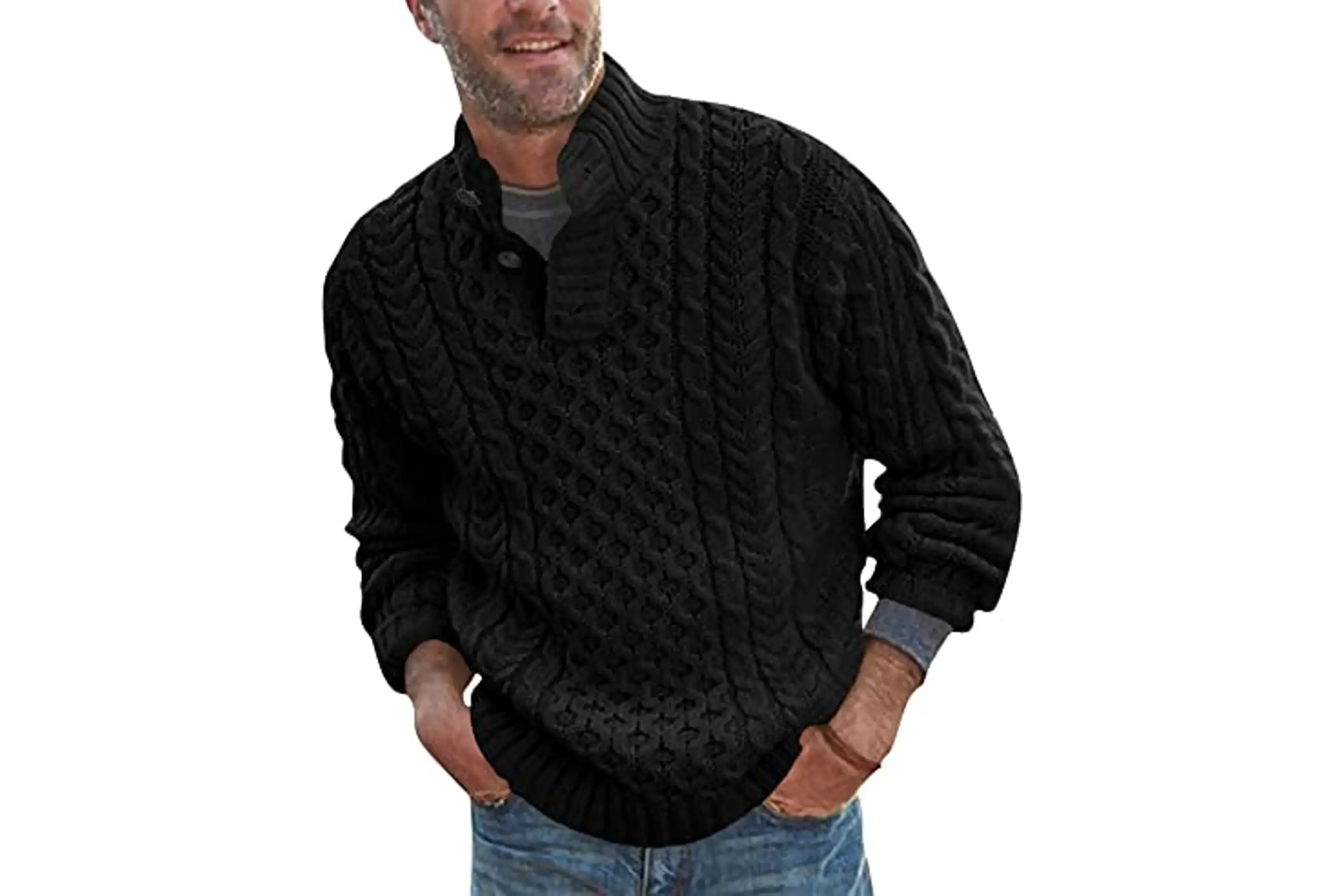 Menâs Stand Cable-Knit Chunky Thermal Sweater