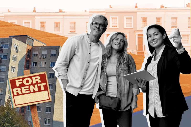 Collage of real estate agent and people with buildings in the background