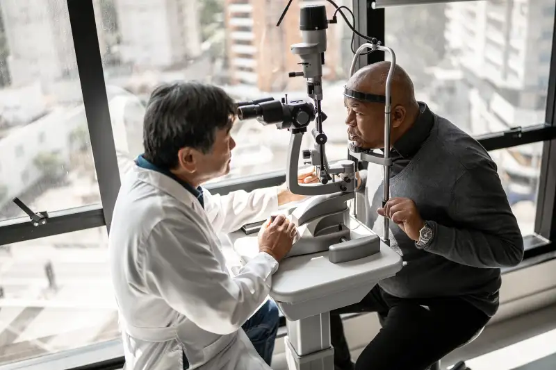 Ophthalmologist examining patient's eyes