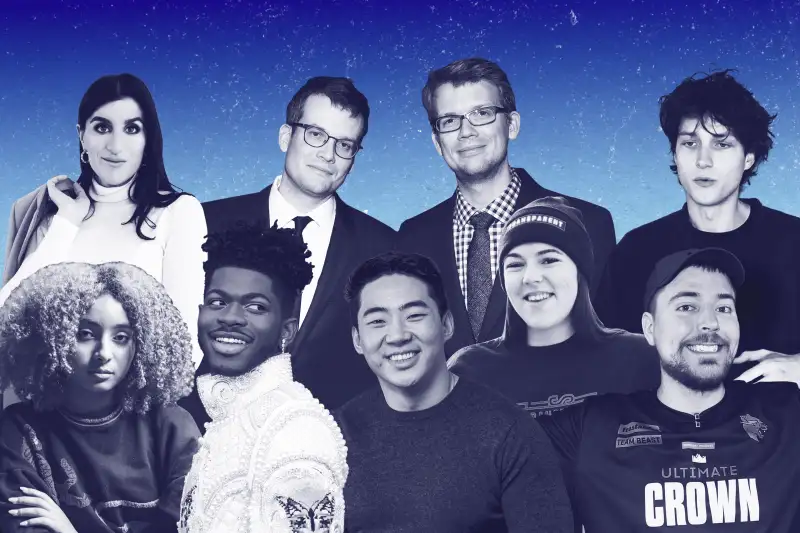 Photo Collage of Brian Jung; Diana Sinclair; Haley Sacks; Hank and John Green; Hannah Williams; Jack Corbett; Lil Nas X and MrBeast